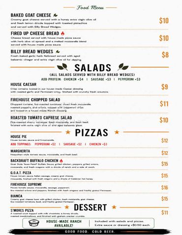 Menu featuring cheese breads, salads, pizzas, and dessert with prices.