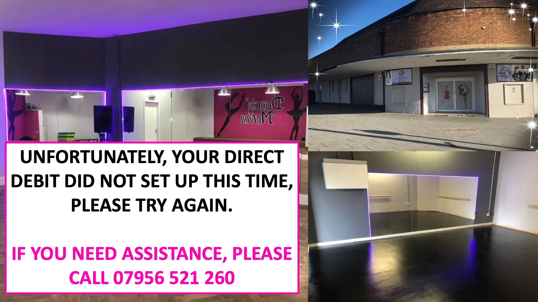 Dance studio with a direct debit payment issue notice and contact number.
