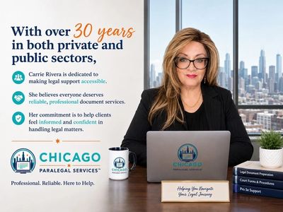 Professional paralegal Carrie Rivera offers over 30 years of legal support expertise in Chicago.