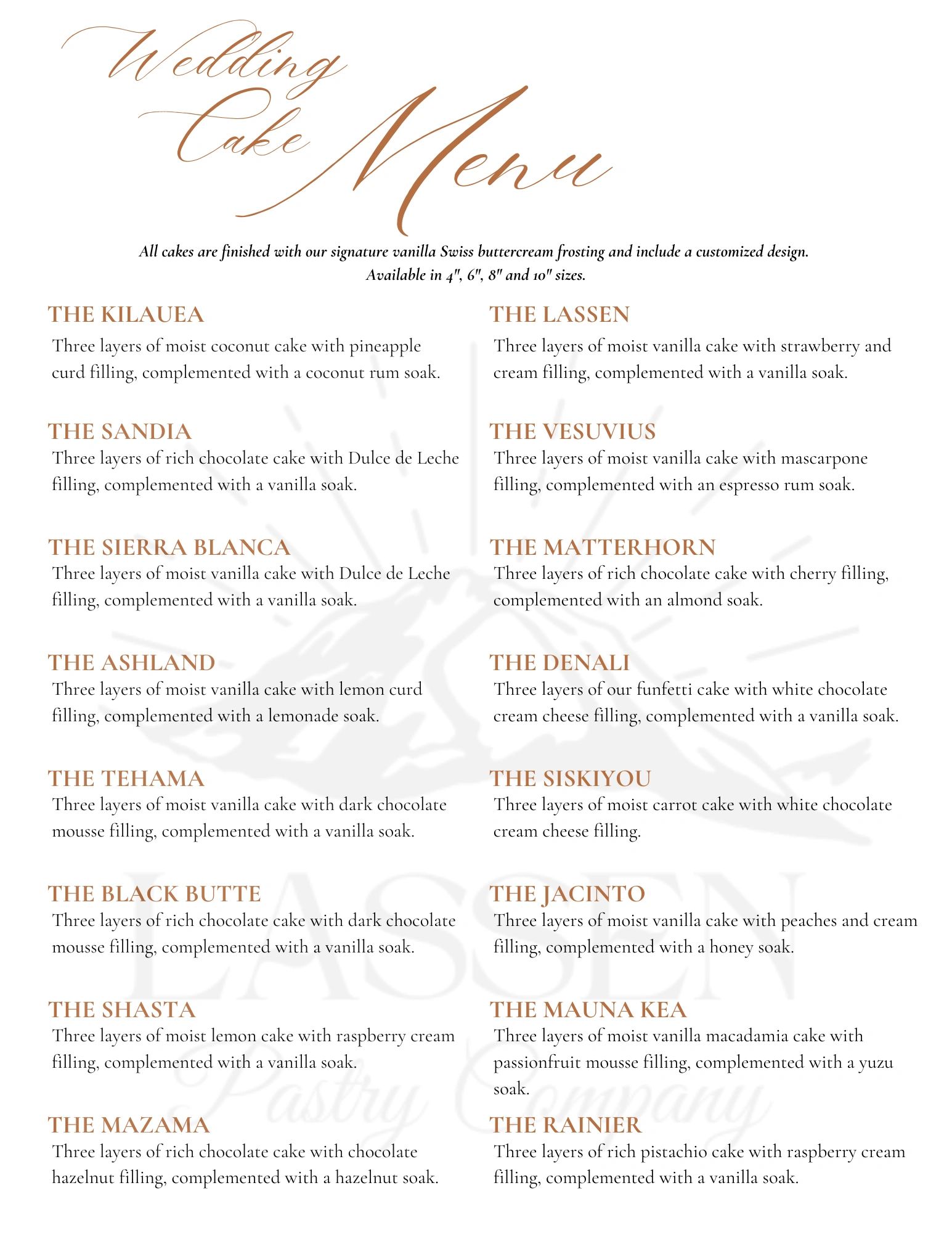 A printed wedding cake menu.
