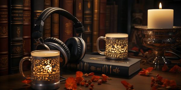 Podcast, headphones, candles, books, philosophy