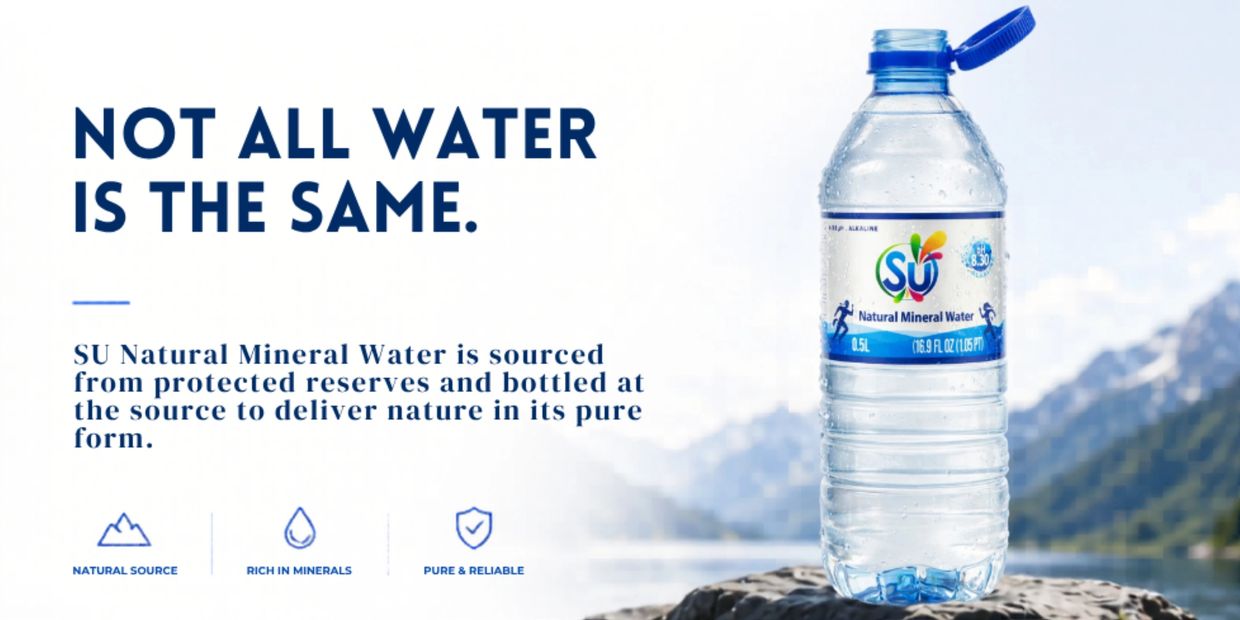 SU Natural Mineral Water sourced from protected reserves, pure and rich in minerals.