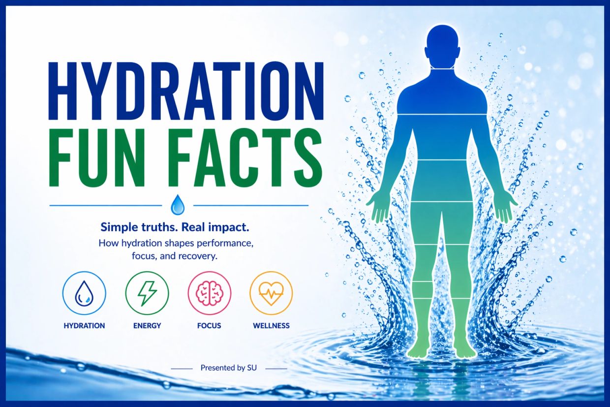 Hydration fun facts highlighting energy, focus, and wellness benefits.