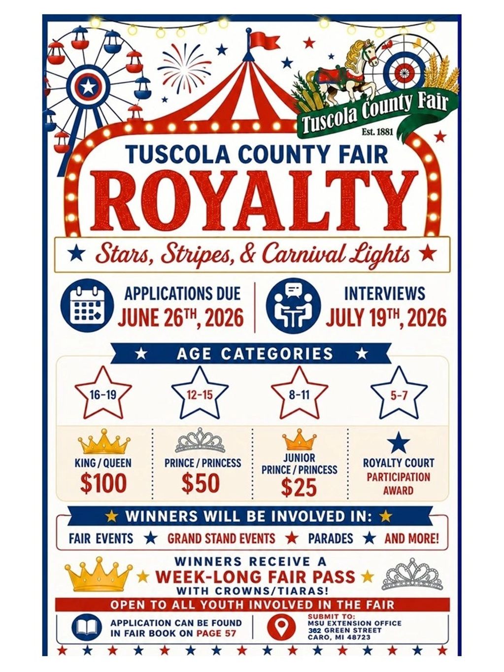 Tuscola County Fair Royalty contest with prizes for youth, applications due June 26, 2026.