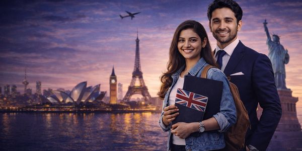 A smiling couple with global landmarks and a Union Jack book at sunset.