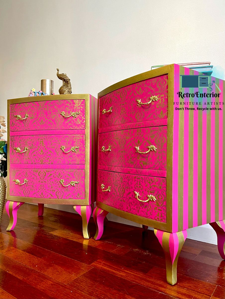 Whimsical Pink and Gold pair of bedside tables