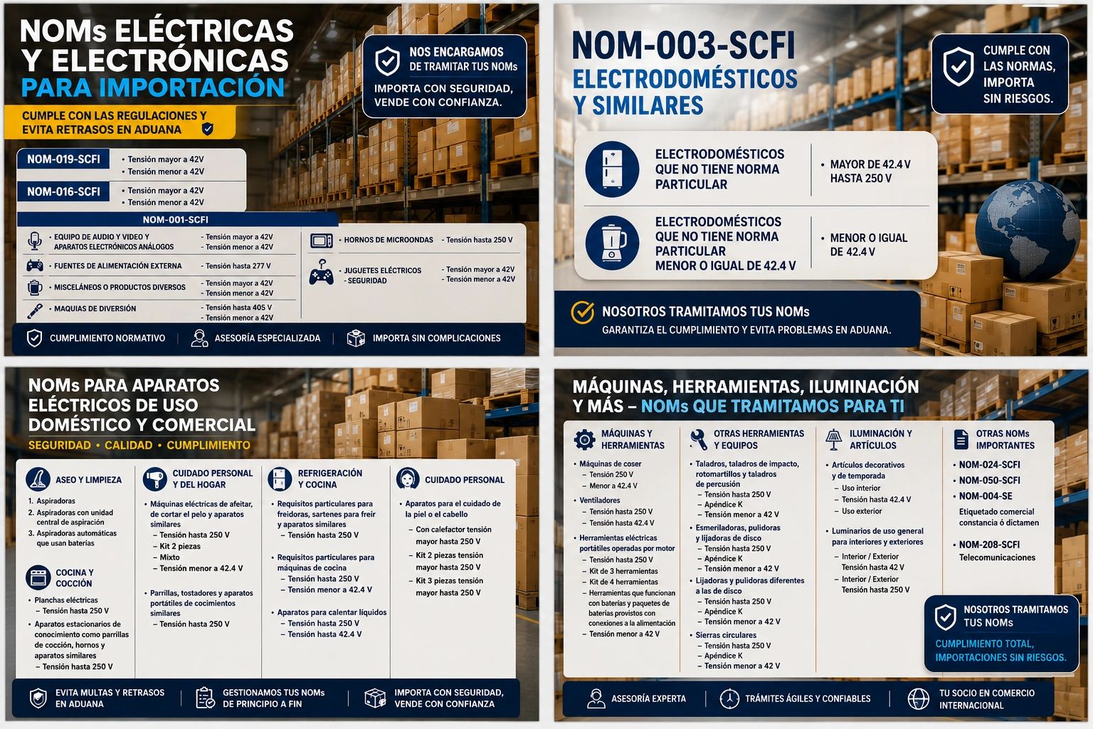 Infographic detailing NOM certifications for electrical and electronic imports, appliances, and tools with compliance and import safety tips.