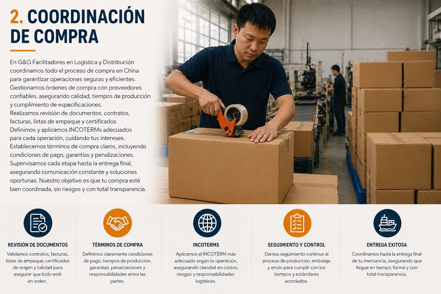 Hombre embalando cajas en un almacén, coordinando la compra y logística.