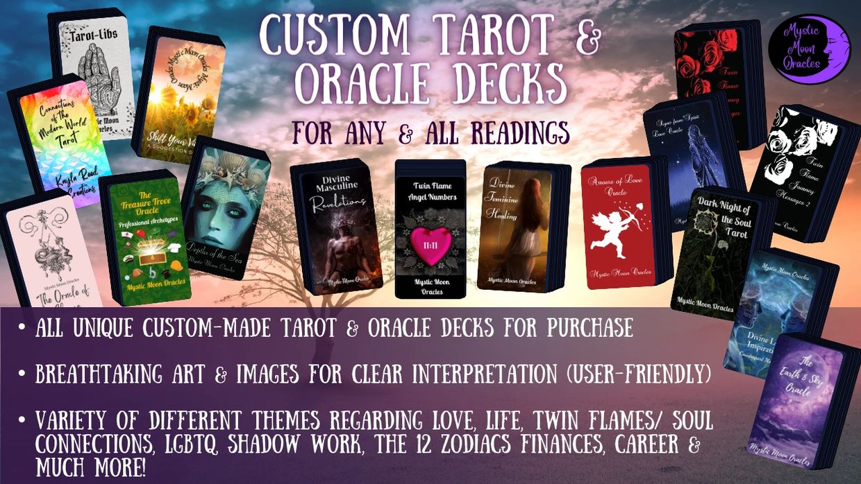 Discover custom, crafted Oracle & Tarot decks tailored for Twin Flames & Empowerment insights.
