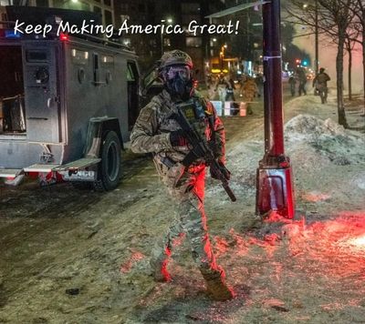 Armed soldier stands guard on snowy street at night with text overlay.