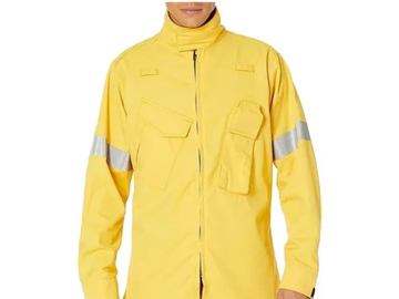 Person wearing a yellow jacket with reflective stripes.