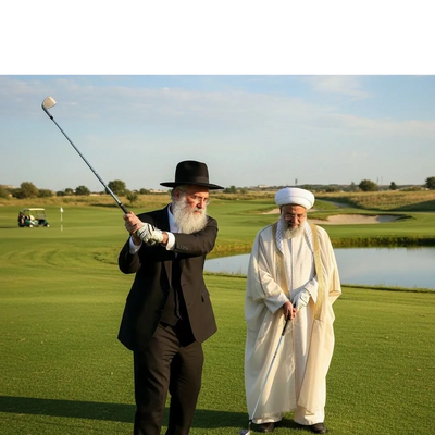 Two elderly men in traditional attire playing golf on a sunny day.