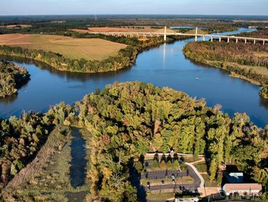 Aerial view of a river with a bridge and surrounding greenery.
