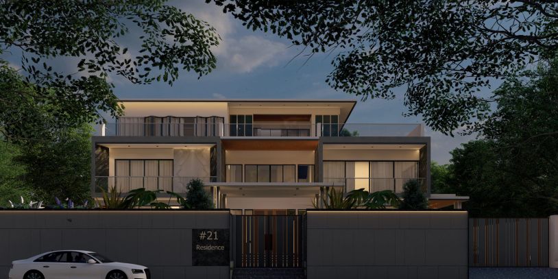 Modern three-story house at dusk with car parked outside.