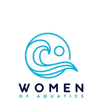 Logo for Women of Aquatics featuring a wave and sun in blue.