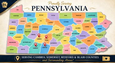Map highlighting service areas in Pennsylvania's Cambria, Somerset, Bedford, and Blair counties.