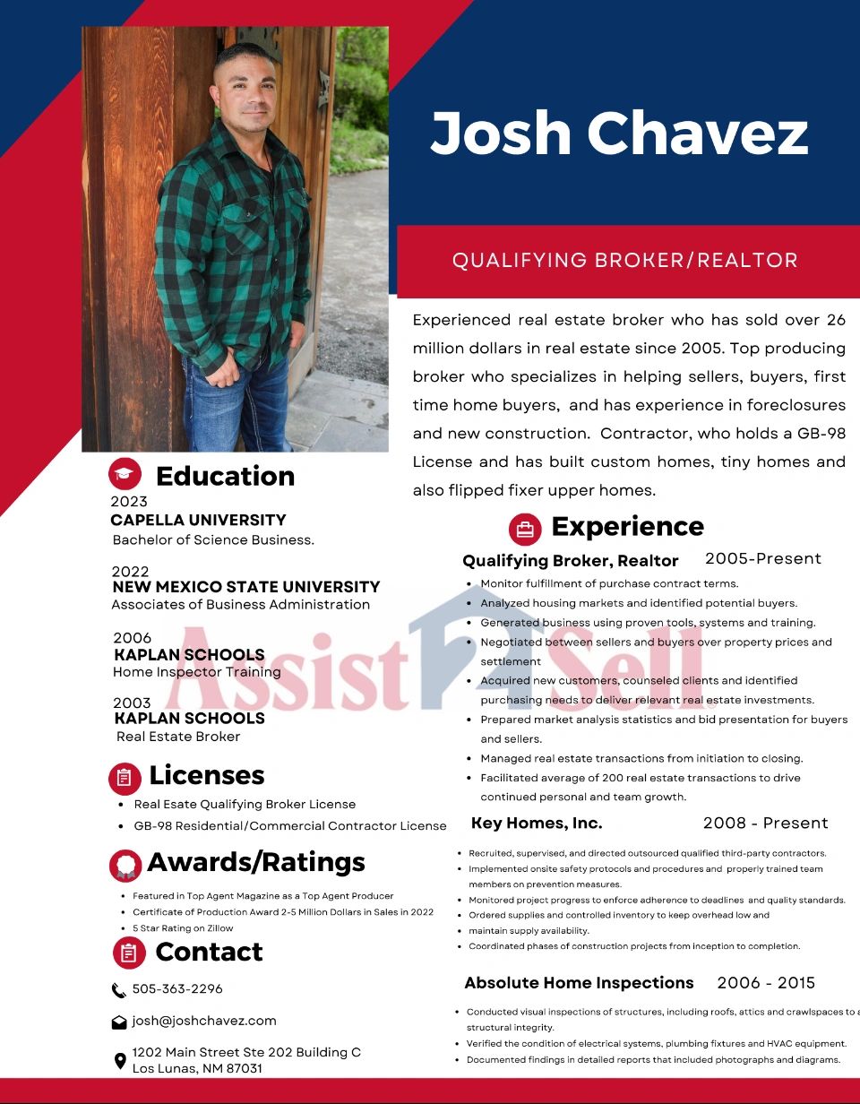 Professional real estate broker Josh Chavez with extensive experience and qualifications.