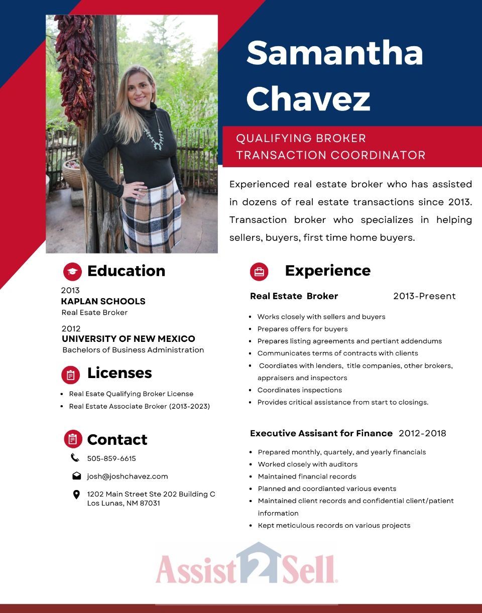 Profile of Samantha Chavez, a qualified real estate broker and transaction coordinator.