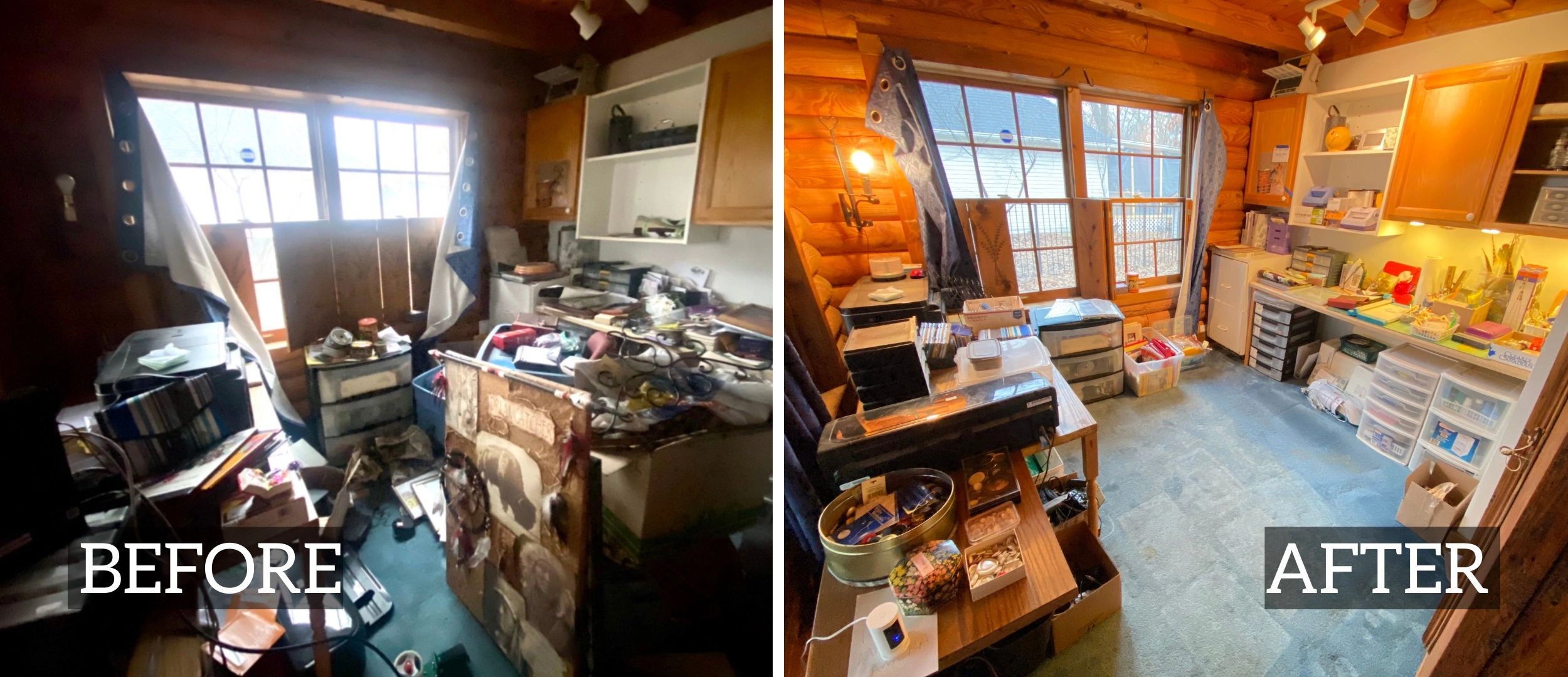 Estate sale set up shows the before and after of a craft room. The carpet is blue. 