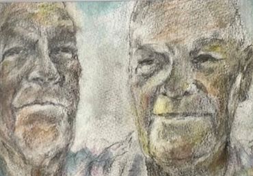 Three elderly men portrayed above an autumn landscape.