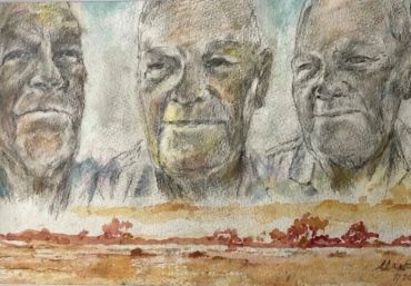 Three elderly men portrayed above an autumn landscape.