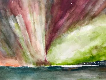 Abstract watercolor painting of a vibrant, colorful sky over water.