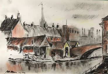 Watercolor painting of old houses and a bridge by the water.