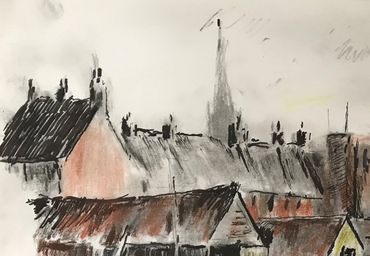 Sketch of rooftops and chimneys with a church steeple in the background.