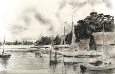 Charcoal drawing of boats docked near a lakeside with trees and huts.
