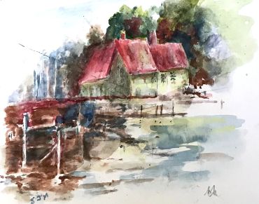 Watercolor painting of a house by the water.