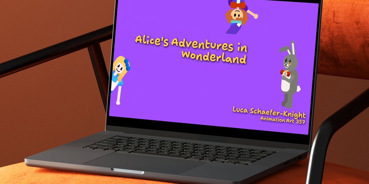 Laptop screen showing an animated title card for 'Alice's Adventures in Wonderland'.