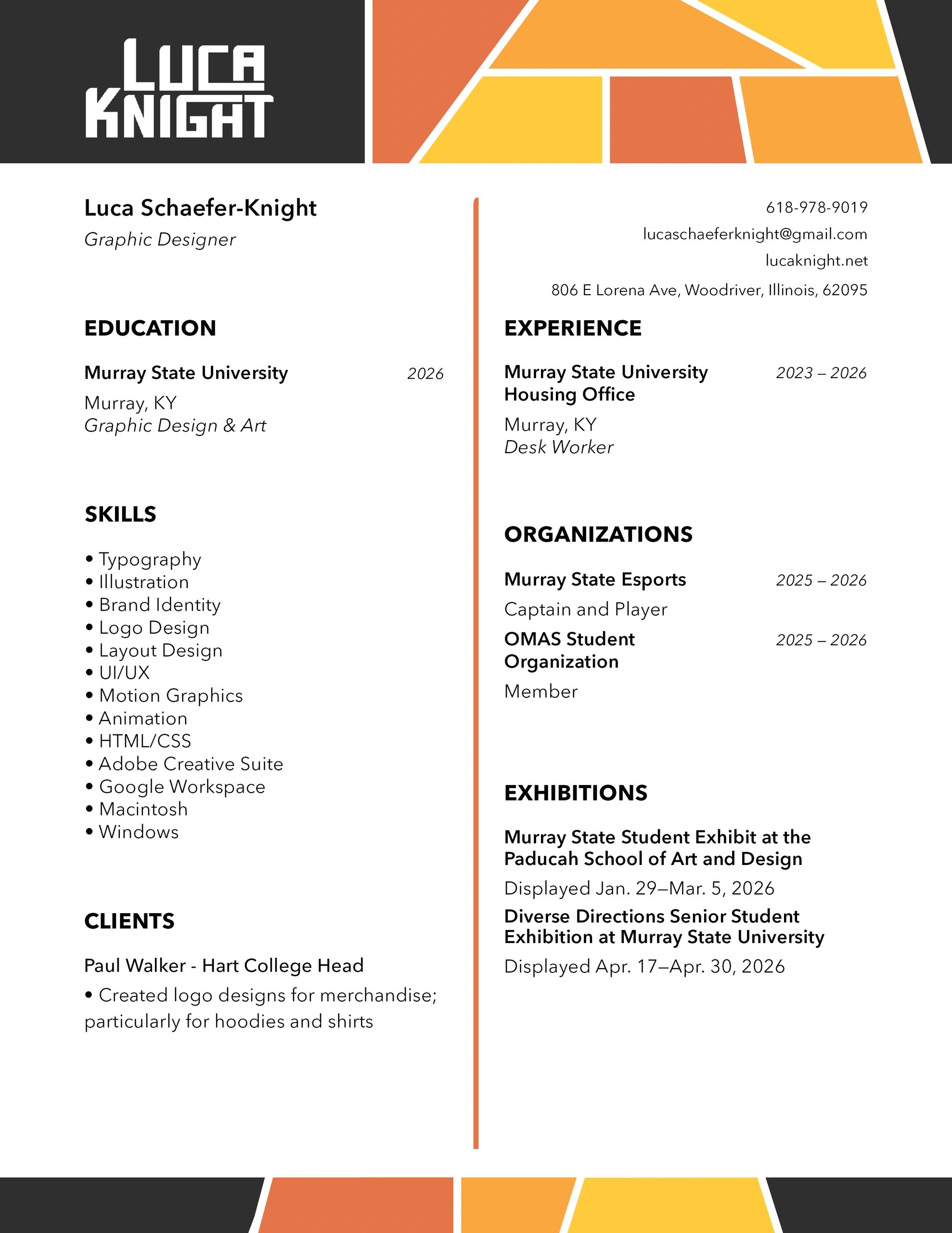Modern graphic designer resume with skills, education, experience, and exhibitions.