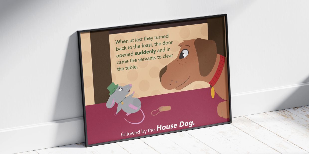 Illustration of a mouse and dog with text about servants clearing the table.