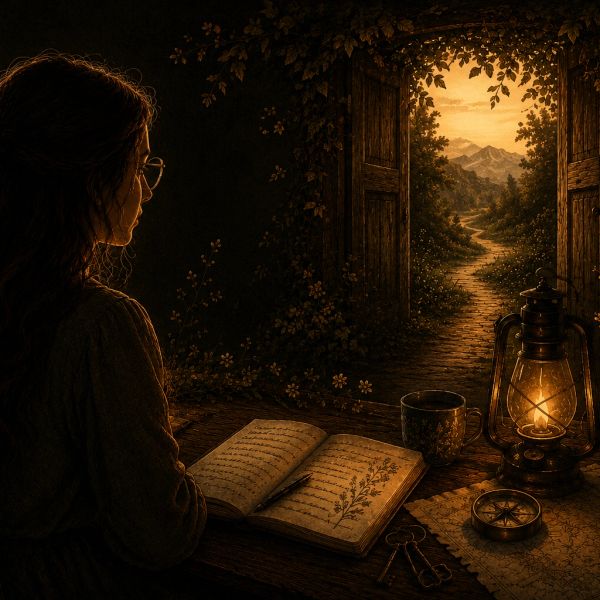 A woman reading by lantern light beside an open door to a scenic path.