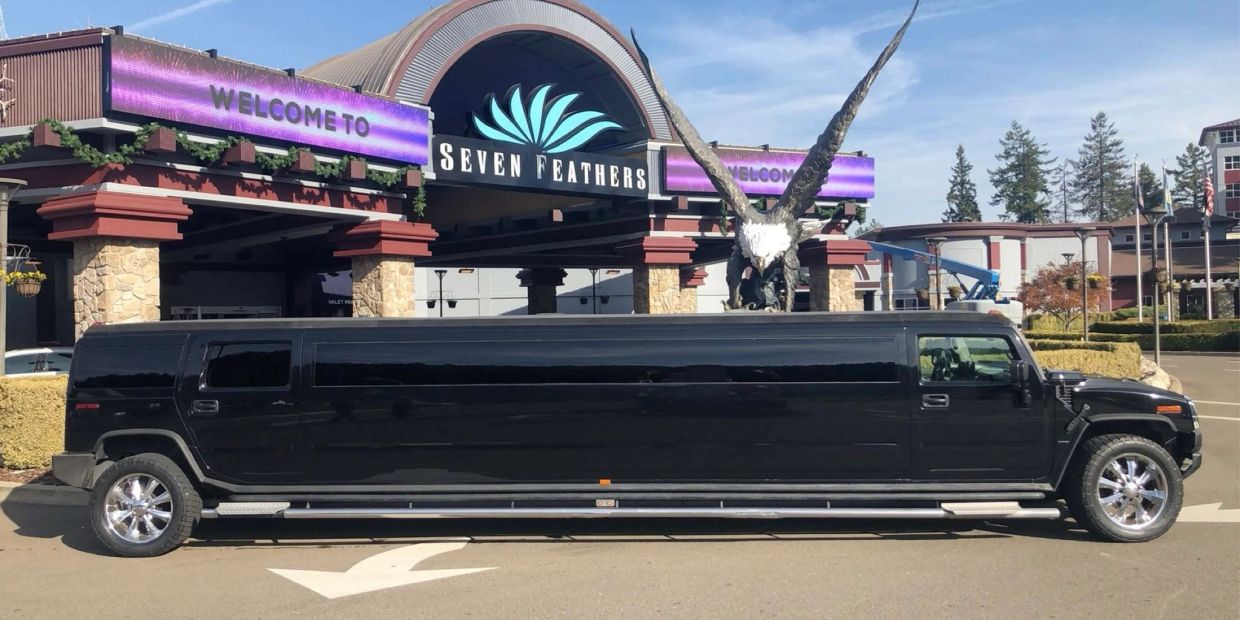 Long black limousine parked outside Seven Feathers.