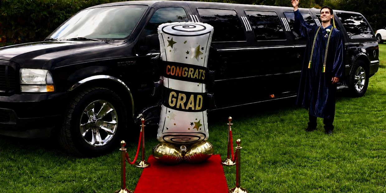 Graduate in cap and gown waves beside a limousine and a congratulatory balloon.