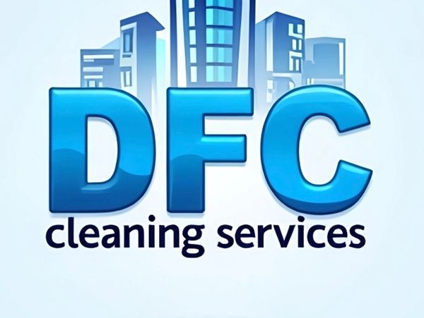 Logo for DFC cleaning services with cityscape background.