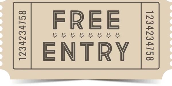 A beige ticket with 'FREE ENTRY' text.