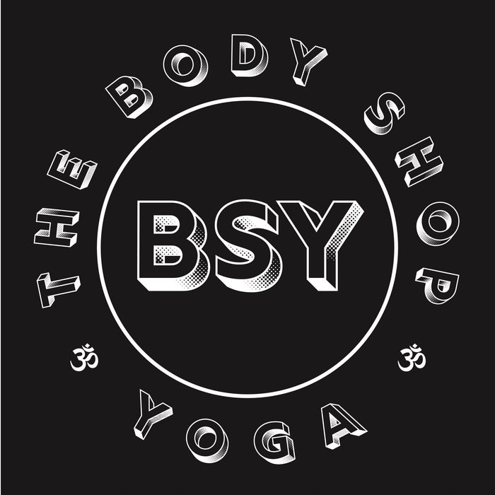 Black and white 3D text design with the words 'BODY'S' and 'BSYOGA'.