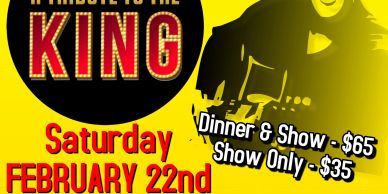 Poster for a tribute show honoring Elvis Presley with dinner and show details.