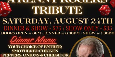 The Gambler Kenny Rogers tribute event poster with dinner menu and show details.