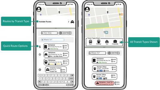 Commuter ride planning screen: Hopbus ride-sharing system, or any mass transit networks available. 
