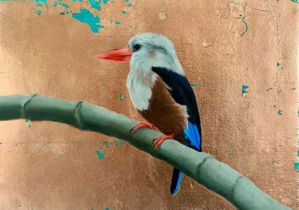 SusieMoo Art, kingfisher, Africa, oil on canvas sheet, gold leaf