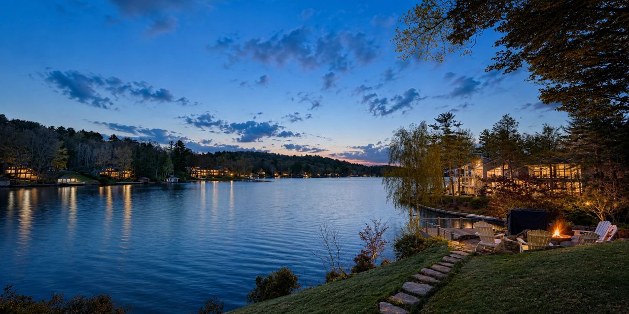 Tranquil lakeside at dusk with cozy seating and fire pit.