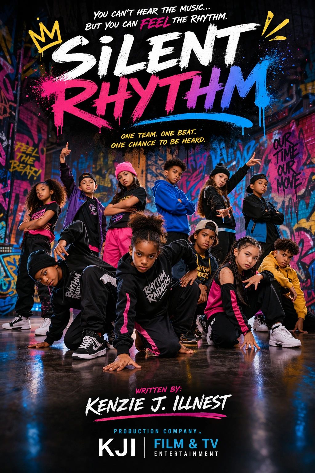 Energetic youth dance crew pose boldly in colorful urban graffiti setting.
