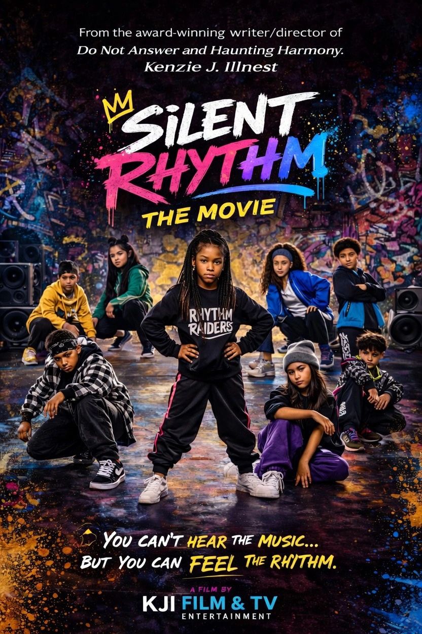 Young dancers pose boldly in a vibrant urban setting for 'Silent Rhythm: The Movie'.