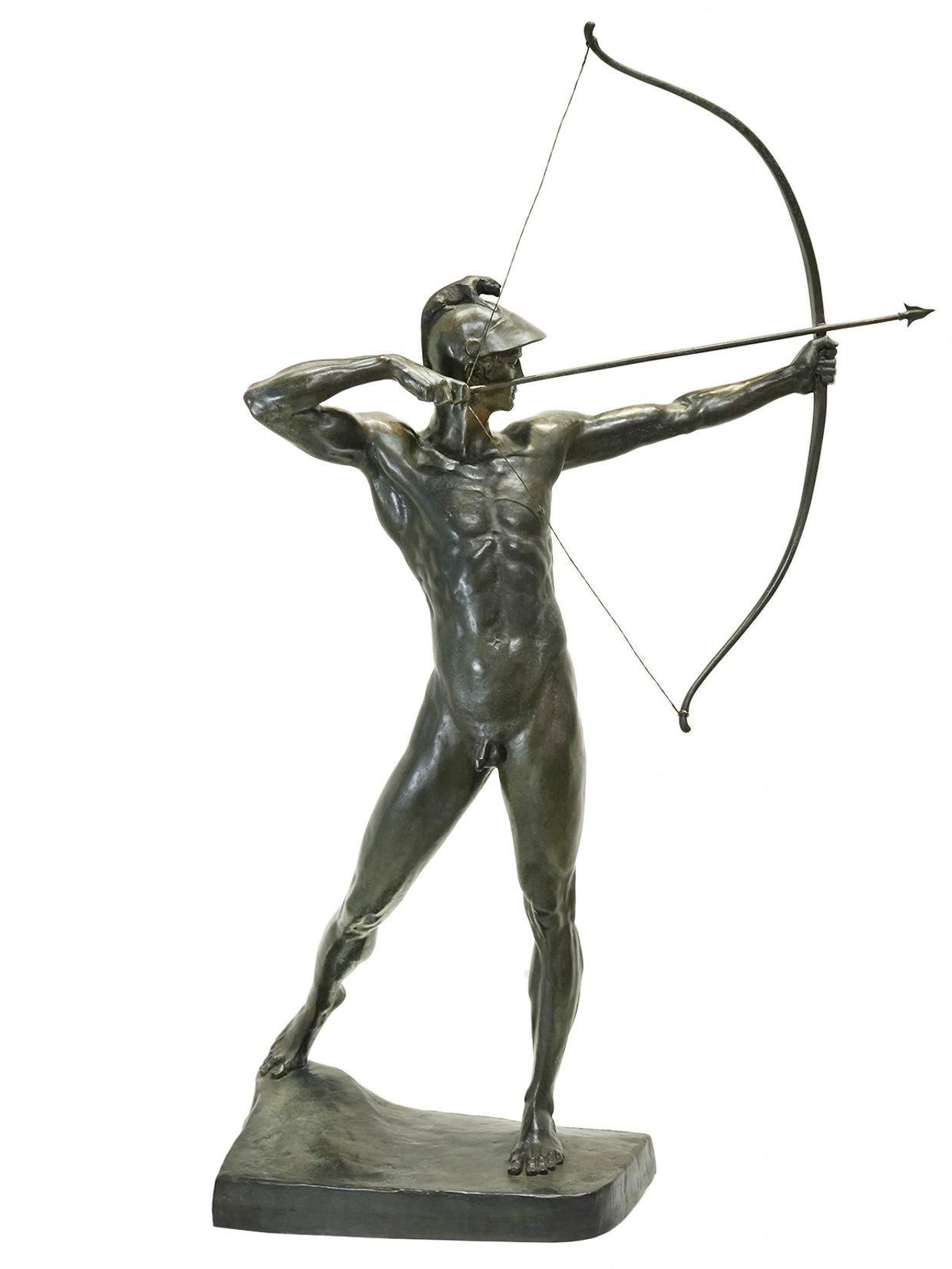 Bronze statue of a naked archer aiming a bow and arrow.