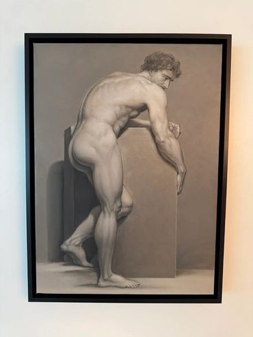 Realistic charcoal drawing of a muscular man in a bent-over pose.