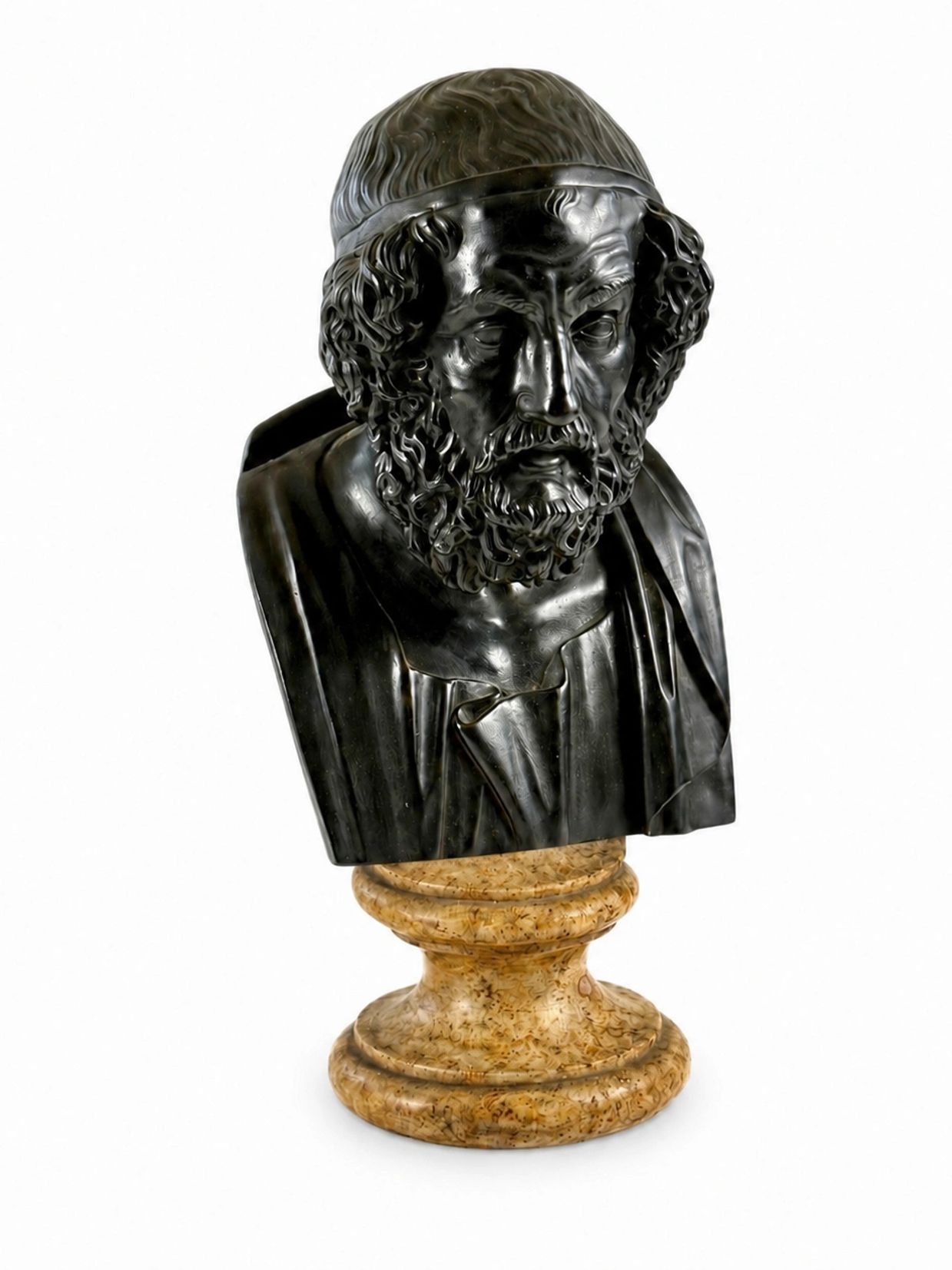 Homer, Italian Grand Tour bronze bust on Siena yellow marble socle, full frontal three-quarter view