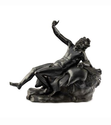 Drunken Satyr by Fonderia Giorgio Sommer, Naples, bronze male nude reclining on a wineskin, full vie